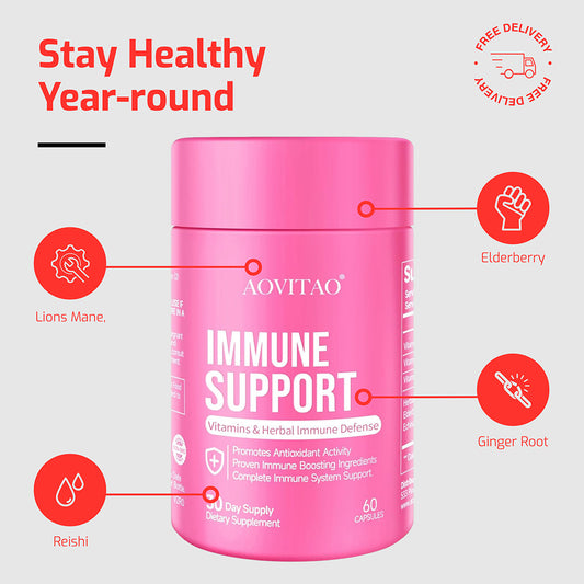Pink supplement container labelled with ingredients listed on a gray background