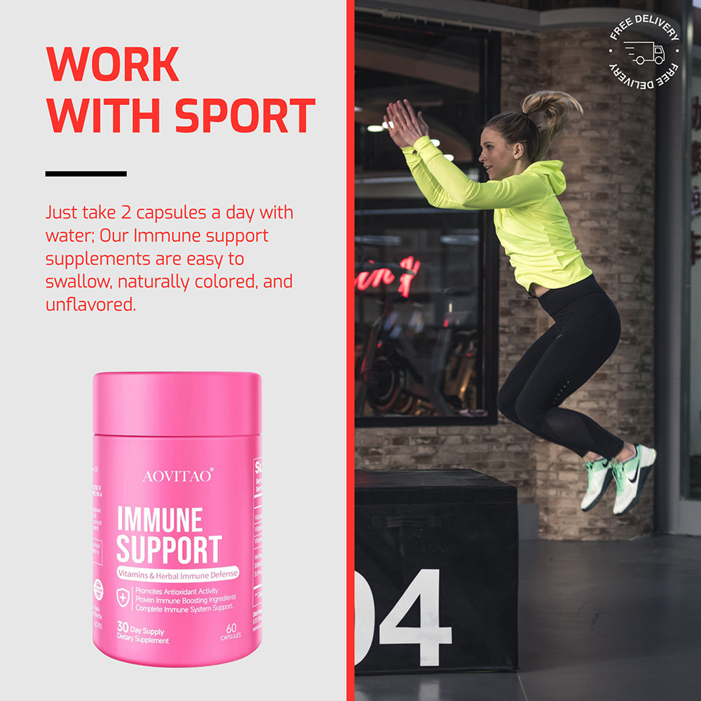 Pink supplement container labeled 'Immune Support' works with sport