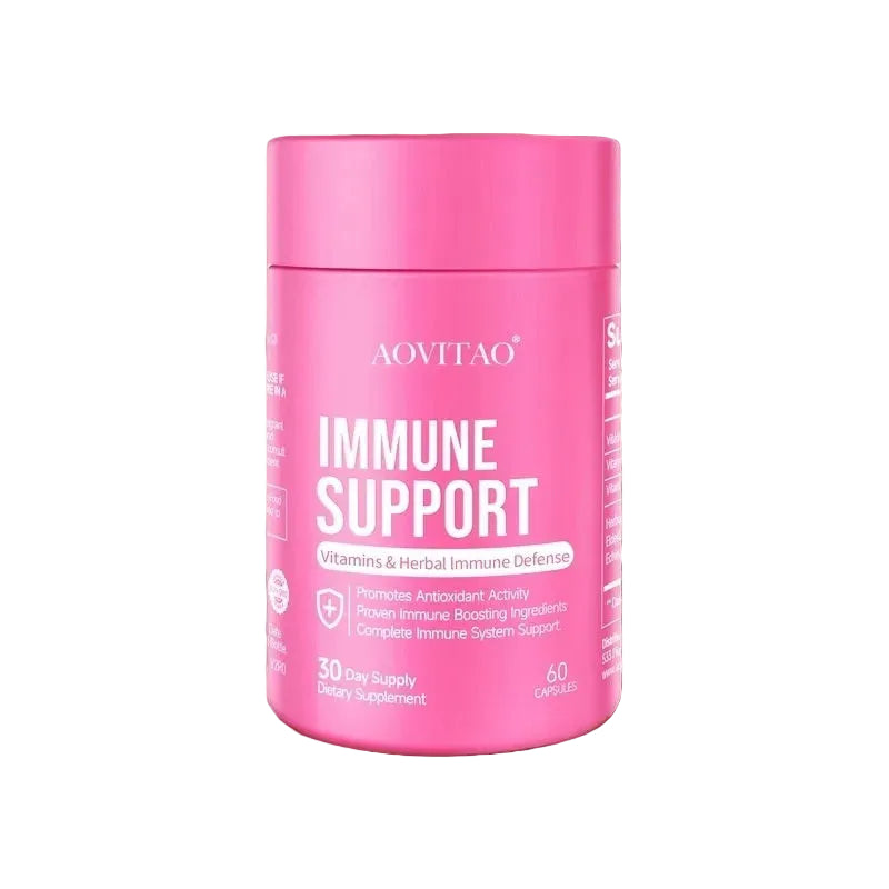 Pink supplement container labeled 'Immune Support' on a white background