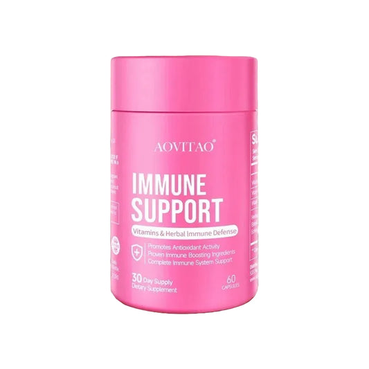 Pink supplement container labeled 'Immune Support' on a white background