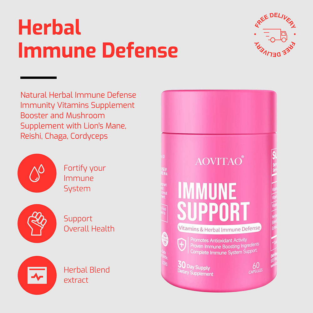 Pink supplement container labeled 'Immune Support' with text about herbal immune defense on a light gray background.